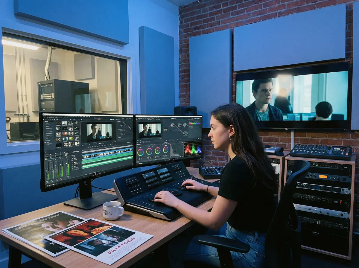 年轻剪辑师在后期工作室工作的 糖心视频 故事